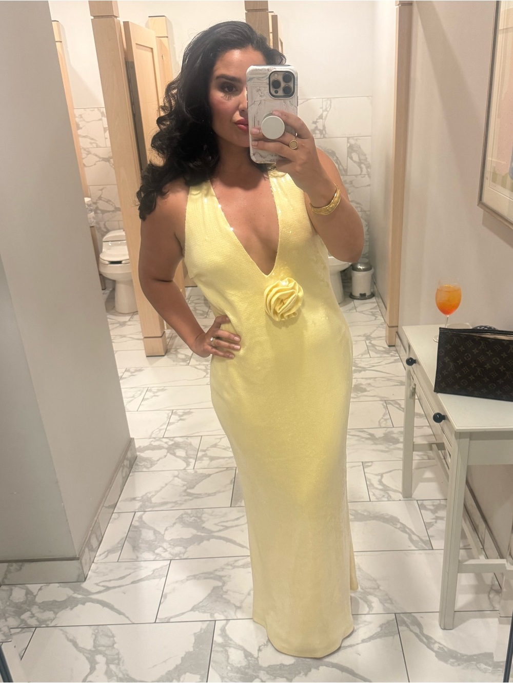 Meshki Yellow Sequin V-Neck Maxi Dress with Floral Applique - Picture 3 of 3